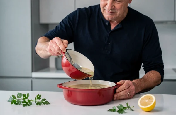 Homme versant une soupe légère depuis une cocotte en fonte rouge émaillée dans un bol dans une cuisine moderne le soir