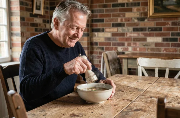 Homme poivrant un bol de soupe avec un moulin à poivre en céramique à table dans une salle à manger rustique