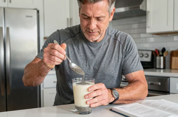 Homme préparant un pudding aux graines de chia pour un régime coupe-faim efficace