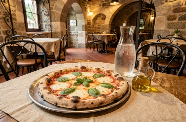 Table dressée avec une pizza margherita classique dans le restaurant Il Castello à Brest, décor méditerranéen en pierre et tomettes