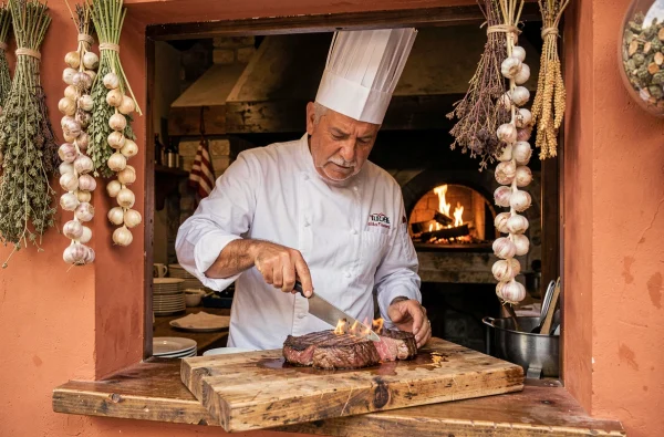 Chef en toque blanche présentant une bistecca alla Fiorentina au restaurant Il Toscano à Rennes, cuisine ouverte avec grill à bois