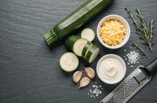 Ingrédients frais pour recette de gratin de courgettes disposés en flat lay sur ardoise grise