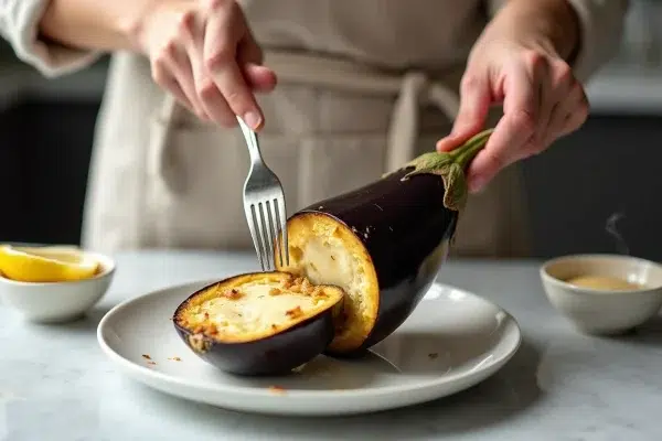 Intérieur fondant d'une aubergine entière braisée ouverte à la fourchette sur assiette blanche