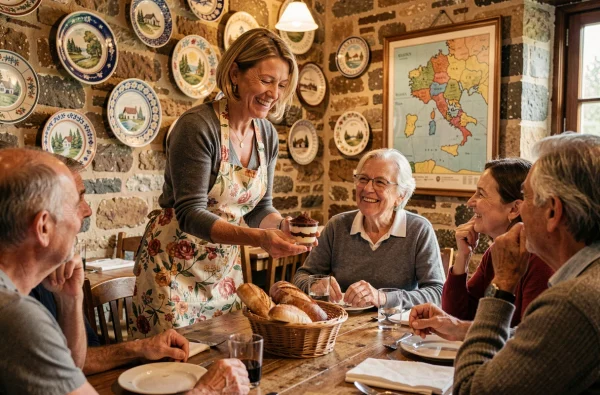 Patronne souriante servant un tiramisu à des clients dans la salle chaleureuse du restaurant La Dolce Vita à Quéven