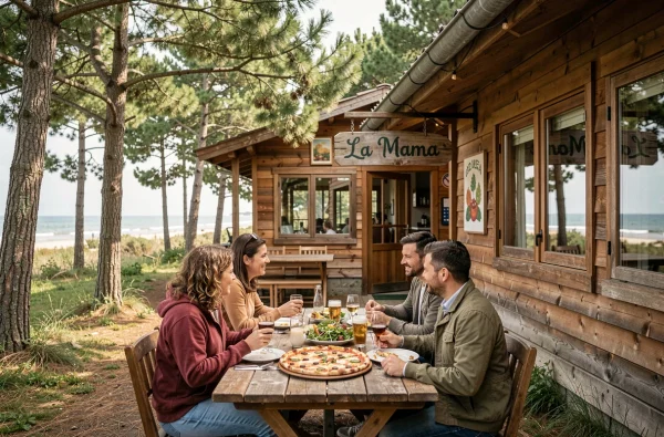 Famille attablée en terrasse boisée du restaurant La Mama à Sables-d'Or-les-Pins, partageant une grande pizza sous les pins