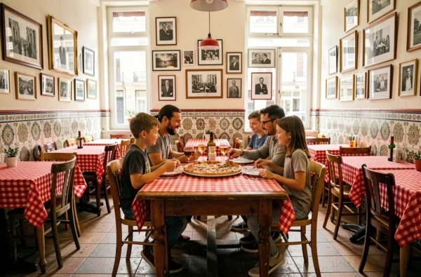 Salle conviviale de la pizzeria de quartier La Pazienza à Lille avec nappes à carreaux et décor italien