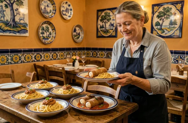 Table dressée avec cannolo siciliano et décor en céramique majorque chez La Trinacria à Lille