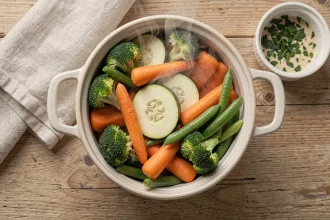 Cocotte en céramique remplie de légumes vapeur colorés sur une table en bois rustique avec une sauce aux herbes