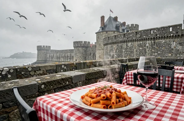 Terrasse du restaurant Little Italy à Saint-Malo avec rigatoni all'Amatriciana et remparts historiques en toile de fond