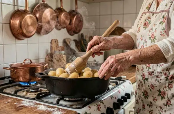 Mains de grand-mère écrasant des pommes de terre à l'ancienne dans une cocotte en fonte sur une cuisinière vintage avec tablier fleuri