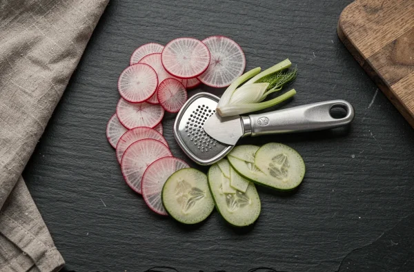 Vue aérienne d'une mandoline professionnelle entourée de légumes finement tranchés en éventail sur une surface en ardoise