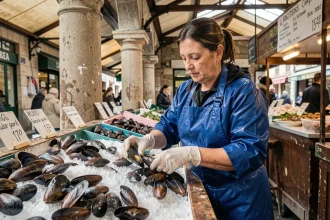 Marchande de moules de bouchot fraîches sur un étal de marché couvert français