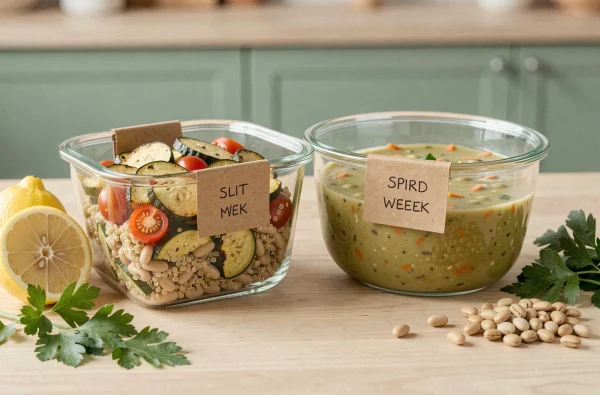 Préparation de repas hebdomadaire avec légumineuses et légumes dans des contenants en verre, meal prep healthy