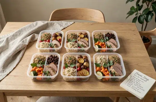 Préparation de menus sains pour la semaine avec des repas en contenants sur une table en bois