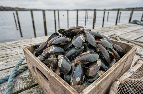 Moules de bouchot fraîches dans une caisse en bois sur un ponton ostréicole en bord de mer