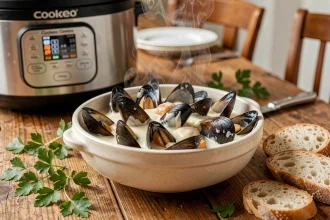 Bol de moules à la crème et au vin blanc cuites au Cookeo, servies sur une table en bois rustique avec du pain croustillant