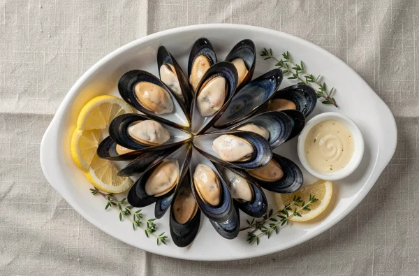 Vue de dessus d'un plat de moules cuites au Cookeo avec citron et sauce au beurre à l'ail sur nappe en lin