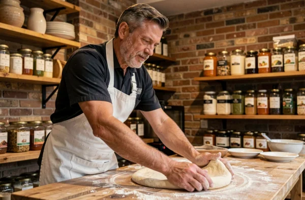 Pizzaiolo artisan pétrissant la pâte à pizza à la main dans la pizzeria Papa Rafaele à Lille