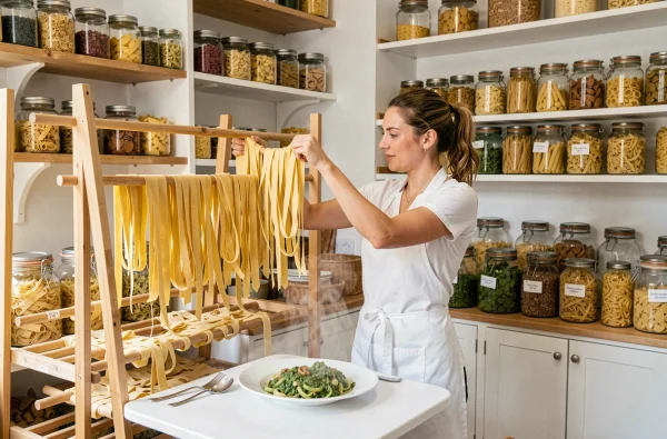 Artisane faisant sécher des tagliatelles fraîches dans la boutique-restaurant Pasta Vera à Lamballe, étagères de pâtes sèches en arrière-plan