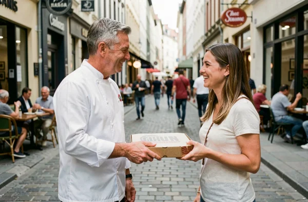 Chef pizzaiolo remettant une boîte de pizza à une cliente dans une rue commerçante animée, illustration du marketing de proximité