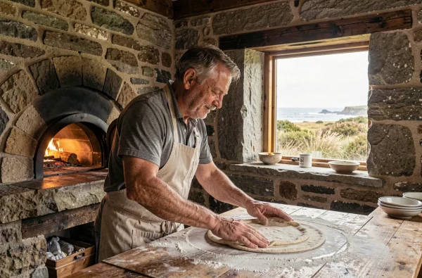 Pizzaiolo pétrissant la pâte devant le four à bois de la Pizzeria Ty Forn à Plogoff, intérieur en pierre avec vue sur la lande bretonne