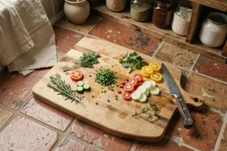 Planche à découper en bois avec légumes frais et herbes sur un plan de travail de cuisine rustique