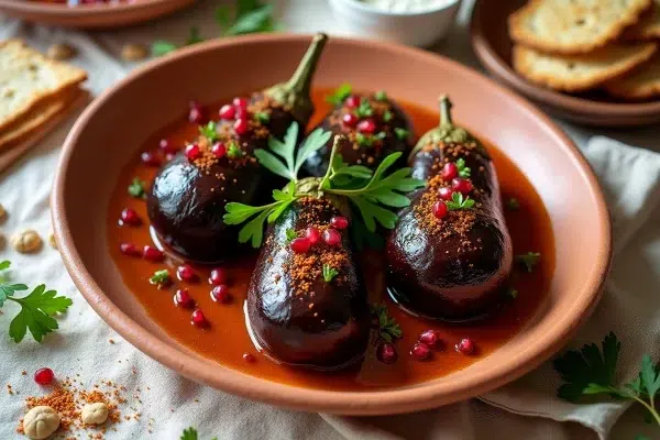 Plat d'aubergines entières braisées au four dressées sur un plat en terre cuite avec grenade et persil
