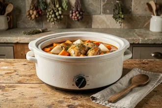Mijoteuse en céramique remplie d'un ragoût de légumes et poulet faible en calories posée sur une table en bois rustique