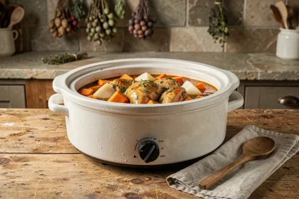 Mijoteuse en céramique remplie d'un ragoût de légumes et poulet faible en calories posée sur une table en bois rustique
