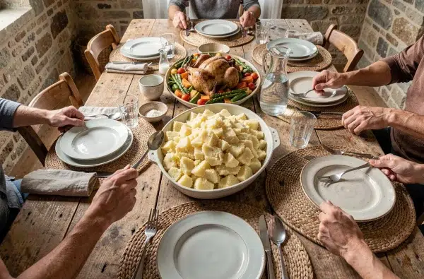 Plat familial de pommes de terre écrasées maison au centre d'une table de repas rustique avec poulet rôti et légumes de saison