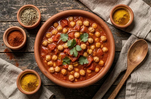 Vue de dessus d'un plat mijoté de pois chiches aux épices avec peu d'huile dans un bol en terre cuite