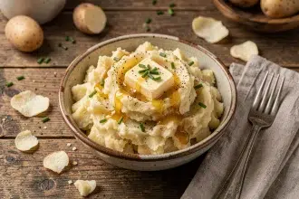 Bol en céramique rustique rempli de pommes de terre écrasées maison avec beurre fondu et ciboulette fraîche sur table en bois de ferme