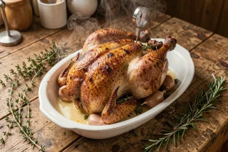 Poulet entier rôti au four avec peau dorée croustillante et thermomètre à viande sur plat en céramique blanche