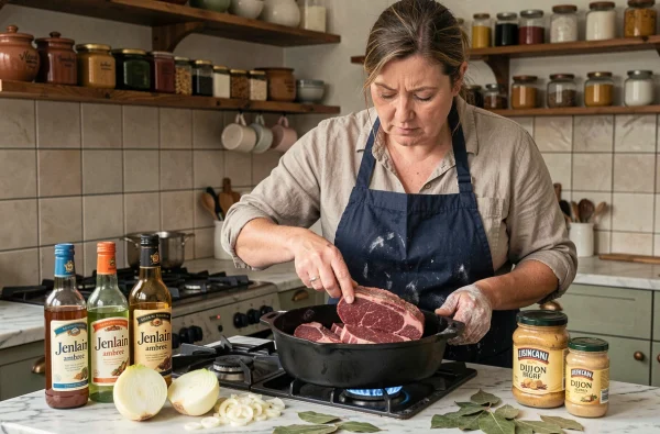 Femme cuisinant une carbonnade flamande ch'ti en ajoutant du bœuf dans une cocotte sur gazinière dans une cuisine belge authentique