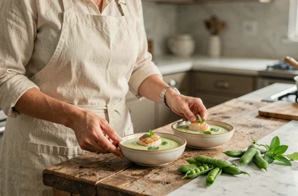 Femme cuisinant des coquilles Saint-Jacques avec velouté de petits pois et menthe dans une cuisine chaleureuse