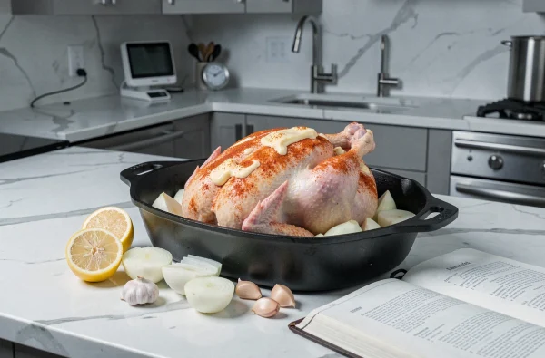Poulet cru préparé pour le four dans une cocotte en fonte avec épices, citron et ail sur marbre blanc