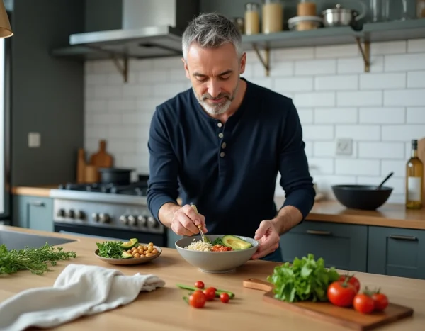 Homme préparant un bol repas healthy avec riz complet, avocat et pois chiches dans une cuisine moderne