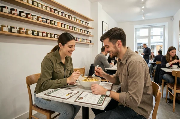 Couple partageant des pâtes fraîches à la truffe dans le restaurant moderne Presto à Rennes, intérieur minimaliste et épuré