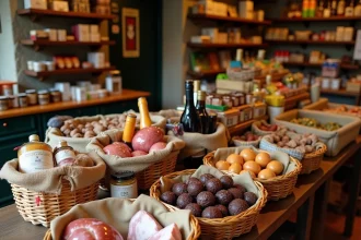 Assortiment de produits régionaux basques sur une table en bois au marché de Dancharia : jambon de Bayonne, piment d'Espelette, chocolats artisanaux et vins locaux