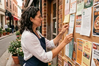 Propriétaire de pizzeria affichant des flyers promotionnels sur un panneau communautaire pour promouvoir son établissement local