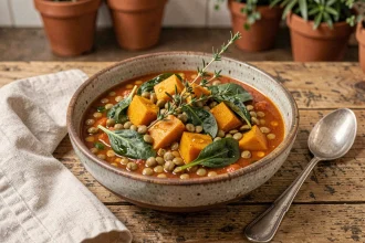 Bol rustique de ragoût de lentilles et légumes rôtis sur une table en bois, recette rassasiante aux légumineuses