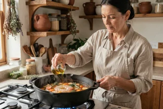 Femme réduisant l'huile d'une cocotte de légumes mijotés dans une cuisine rustique moderne
