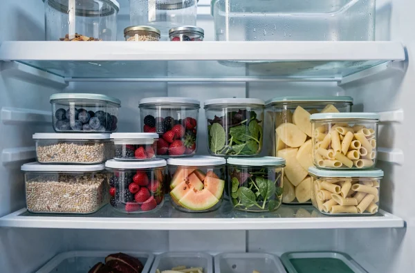 Réfrigérateur bien organisé avec des boîtes hermétiques en verre contenant différents aliments frais