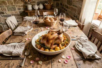Repas du dimanche en famille avec poulet rôti et légumes dorés sur table en bois rustique dans une cuisine de campagne française