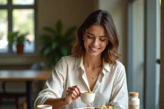 Femme préparant un repas équilibré au bureau avec poulet grillé, quinoa et légumes rôtis