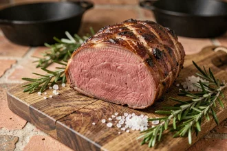 Rôti de boeuf d'un kilogramme tranché sur une planche en bois révélant une chair rosée et juteuse
