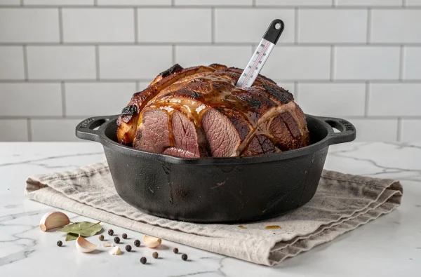 Rôti de boeuf entier sorti du four avec thermomètre à viande sur plan de travail en marbre