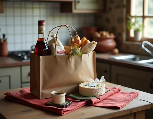 Sac cadeau rempli de spécialités basques achetées à Dancharia posé sur une table en bois rustique : liqueur Izarra, chocolat de Bayonne, fromage basque et biscuits