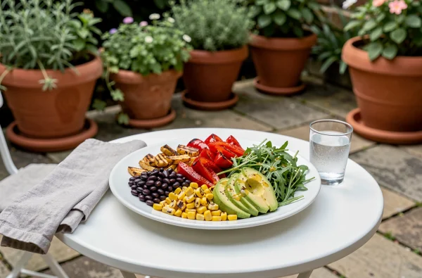 Salade composée de haricots noirs, poivrons rôtis et avocat sur une terrasse extérieure, repas léger aux légumineuses
