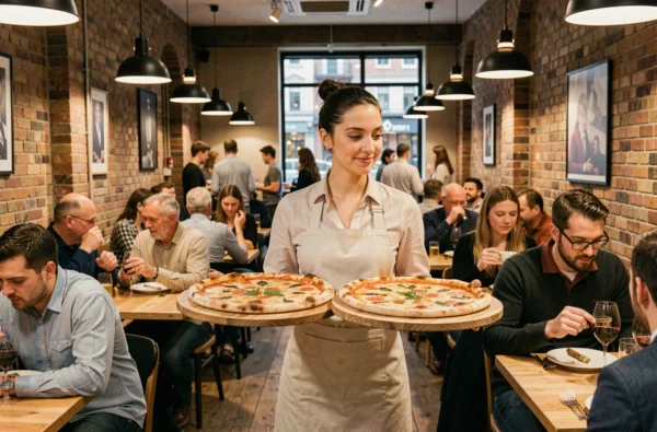 Salle animée de la pizzeria populaire Squadra à Lille avec serveurs portant des pizzas pendant le service